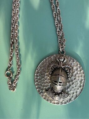 Vintage Silver Tone Knight Helmet Pendant Necklace